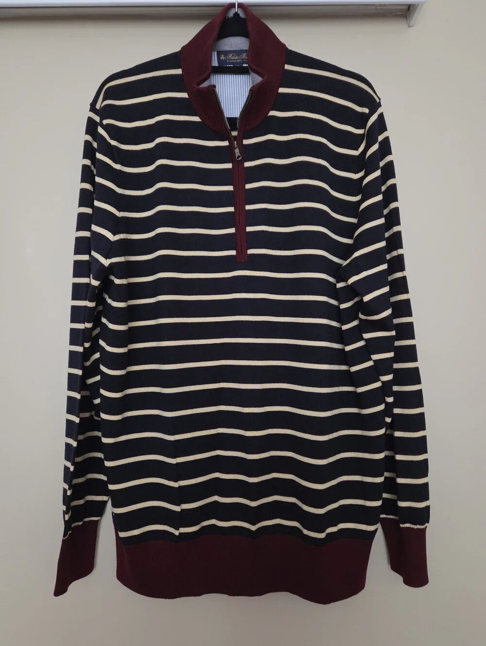 Brooks Brothers Mens Wool Half-Zip SweateR -NAVY/YELLOW STRIPES -XL